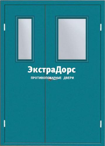 Противопожарная дверь двупольная дымонепроницаемая со стеклом бирюзовая